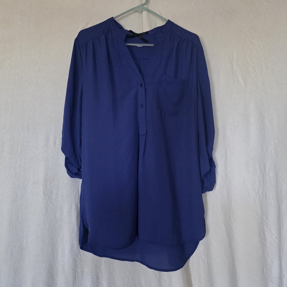 Ali & Kris Blue Cuffed Sleeve Mandarin Collar Blouse